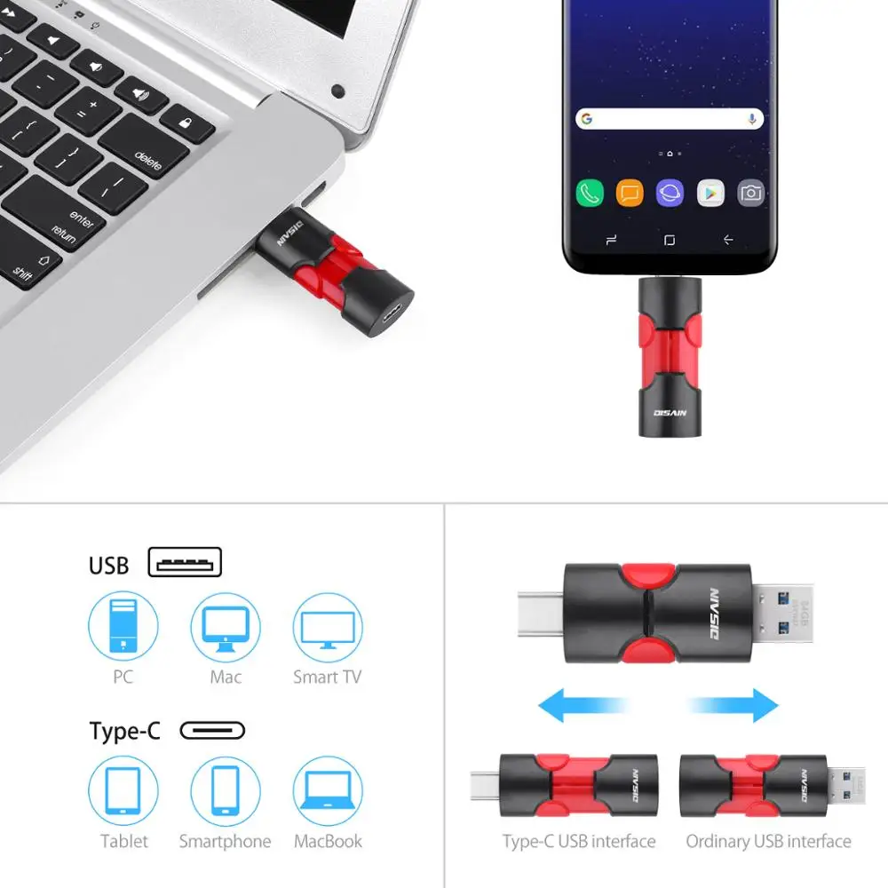 100% Authentic DISAIN 2 in 1 Type-C+USB 3.0 Flash Drive External Storage Memory Stick 64GB 128 GB Pen Drives For Computer Office custom usb drives