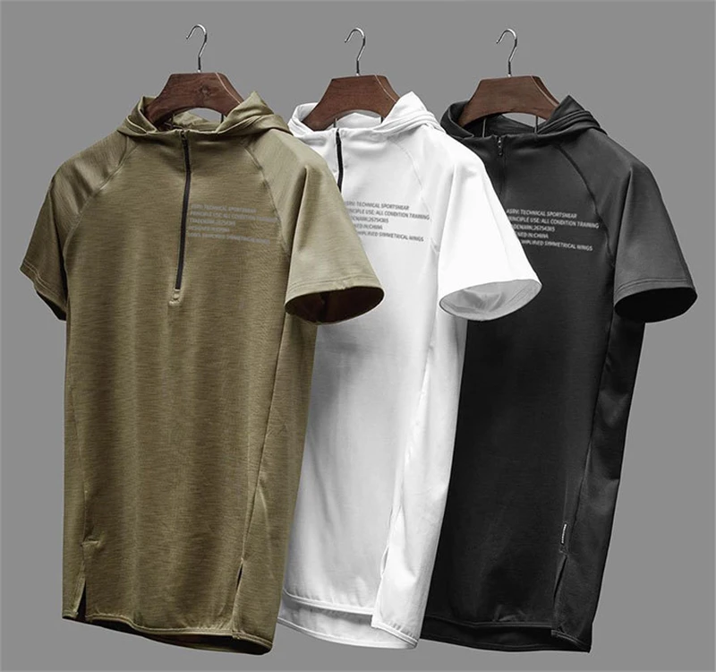 2019 Men Running Hoodies Sweatshirt Sportswear Zipper Neck Gym Hoodies Sport Short Sleeve Men's Sli