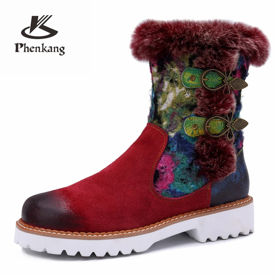 

Women winter snow Boots Genuine cow Leather Ankle Comfortable quality soft Shoes Brand Designer Handmade red 2019 with fur
