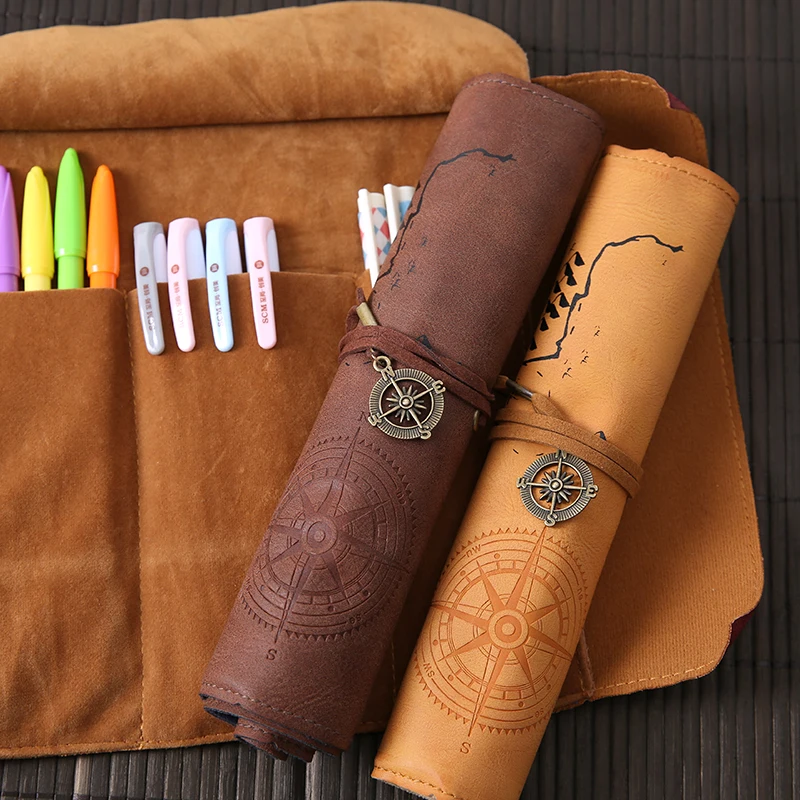 

PU Leather Pencil Bag Classical Korea Stationery Pen Case Vintage Treasure Map Compass Pattern Office Supplies Xmas Gift Retro