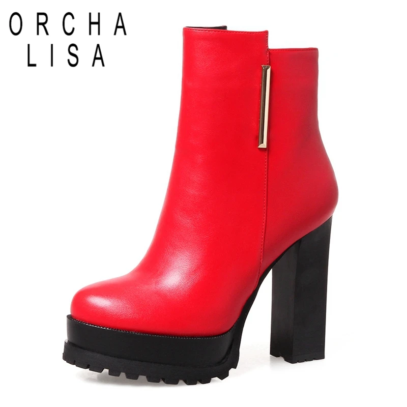 

ORCHA LISA High heel boots Women mid calf boots Platform Solid Sequined Female mujer botas Black Red Rubber Plus size 33-43 C331
