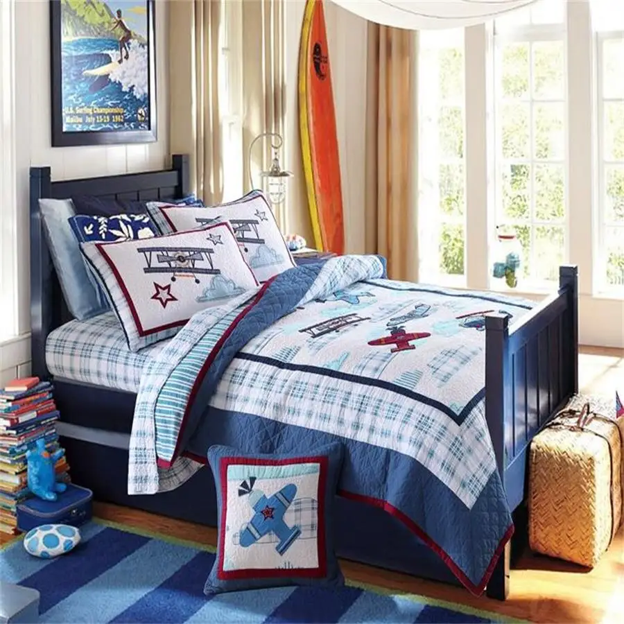 

Home Textile 5 Piece Blue Quilt Bedding Set Plane Design 100% Cotton Quilted Coverlet Bedspread Set for Kids Boys