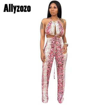 

Allyzozo 2 Pieces Set Snake Print Tops and Panty Halter Lace Up Backless Tee Crop Tops Serpertine High Waist Trousers