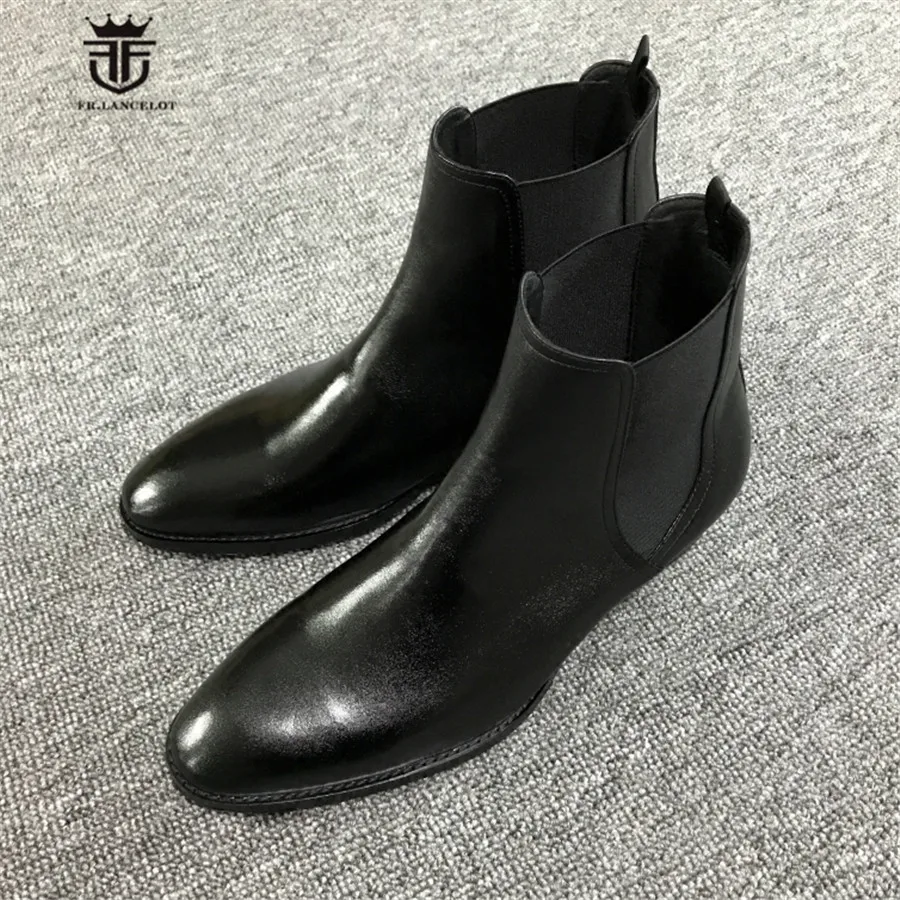 Классические черные эластичные мужские ботинки «Челси» высокого качества ручной работы из коровьей кожи на танкетке с острым носком в стиле пэчворк