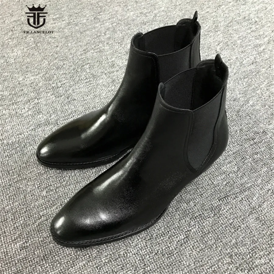 Botas De Punta Gama Vaca Hombres Cuero Negro Wedge Resbalón Alta Chelsea Elegantes Patchwork A Clásico Mano En Hecho Elástico ZpPZrTwdq