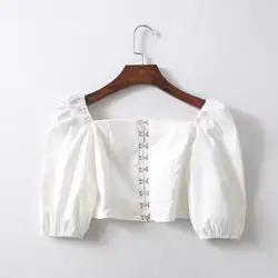 Ретро Элегантный Королевский суд Стиль вишня Кнопка белая рубашка Для женщин принцесса слоеные рукава Для женщин летние шорты футболка
