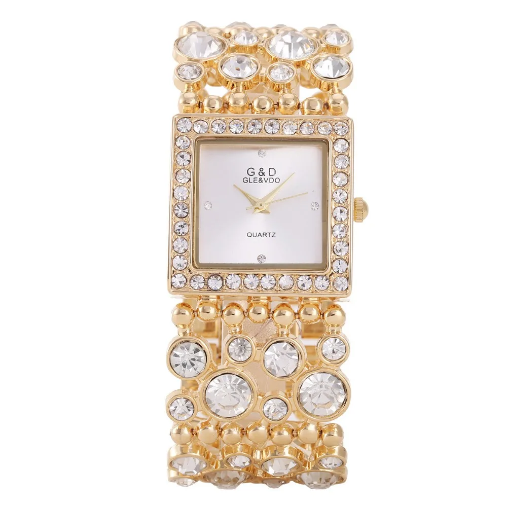Женские часы, Мода, G& D, брендовые роскошные часы с золотым кристаллом и браслетом, женские стальные кварцевые наручные часы, деловые часы