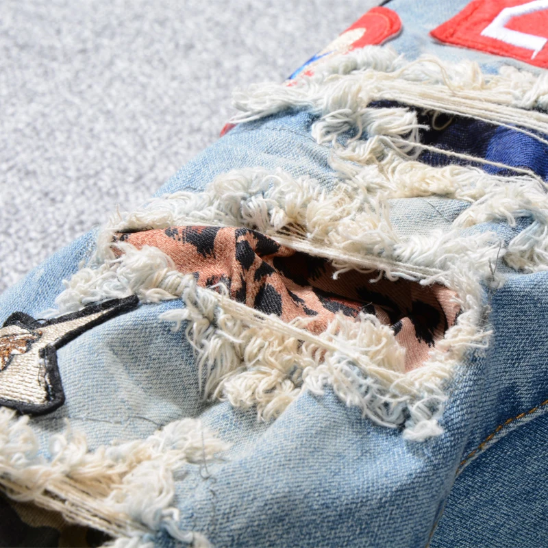 Fashion Streetwear Men Jeans Blue Color Retro Wash Slim Fit Ripped Jeans Men Destroyed Patches Designer 4