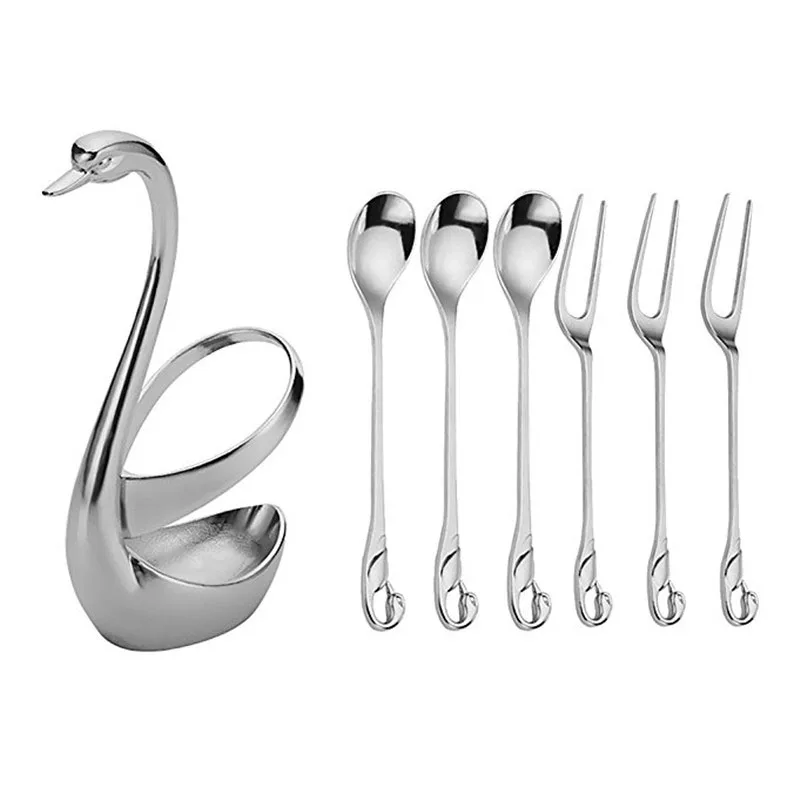1Stainless Steel Fruit Fork & Spoon Swan Seat Coffee tea spoon Cutlery Set with 3pcs fork 3pcs spoon  Cutlery Decor
