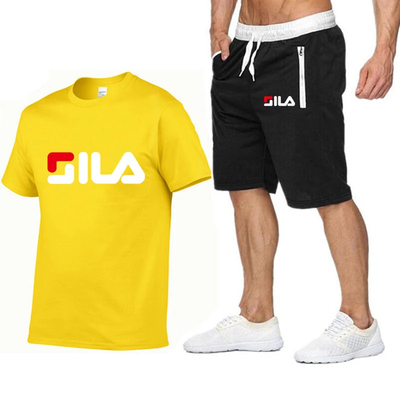 

Cotton casual Men's Sets Brand Logo printing men's T-shirt+Shorts Two Pieces Suits fashion short-sleeved Gyms Fitness Sportswear
