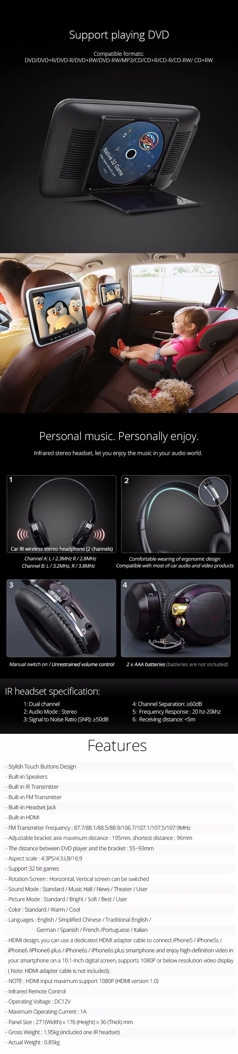 Discount Touch Button Design Single 10.1" Car Headrest DVD PC Car DVD Player Headrest Car Monitor with Single IR Headphone Included 2