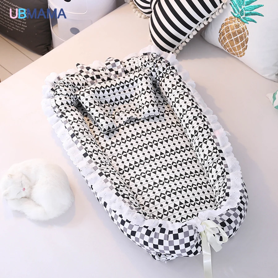Travel Foldable Crib Pillow Portable stripde Solid baby sleeper cotton Newborn Lace crib Baby soft bed for 0-36M baby 90*50*15cm