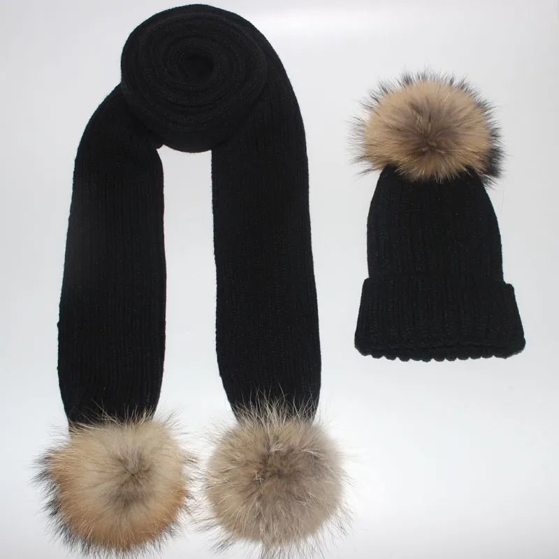 Женский вязаный 180 см длинный шарф и шапка набор роскошный зимний теплый вязанный шапки и шарфы с настоящим мехом шапка с помпоном для женщин