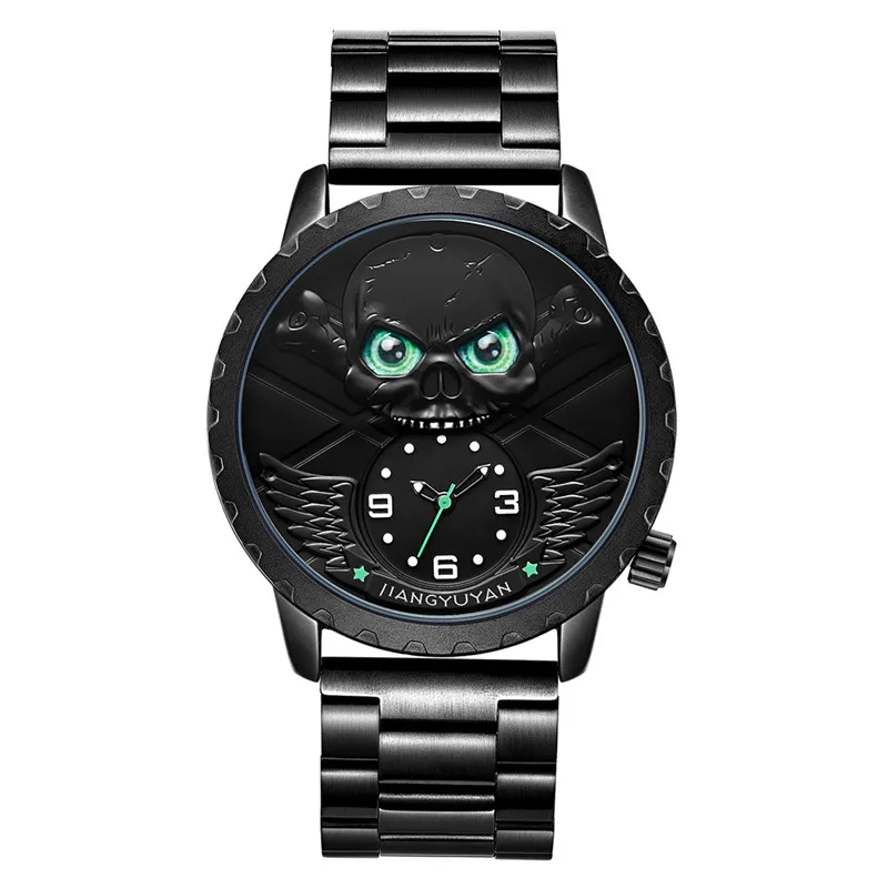

Green Eye Skull Men Watch Luminous Hands Luxury Steel Quartz Male Watches Waterproof Fashion Black Clock Relogio masculino 2018