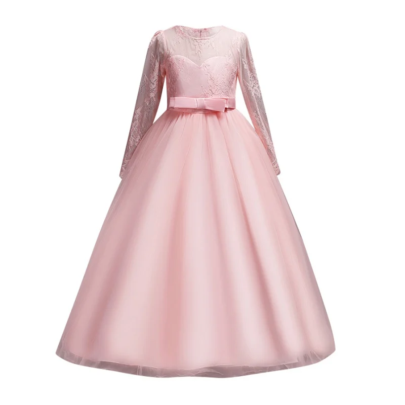 

Long Evening Dress Flower Girl Dresses Teenager Wedding Communion Lace Sleeve Children Clothes