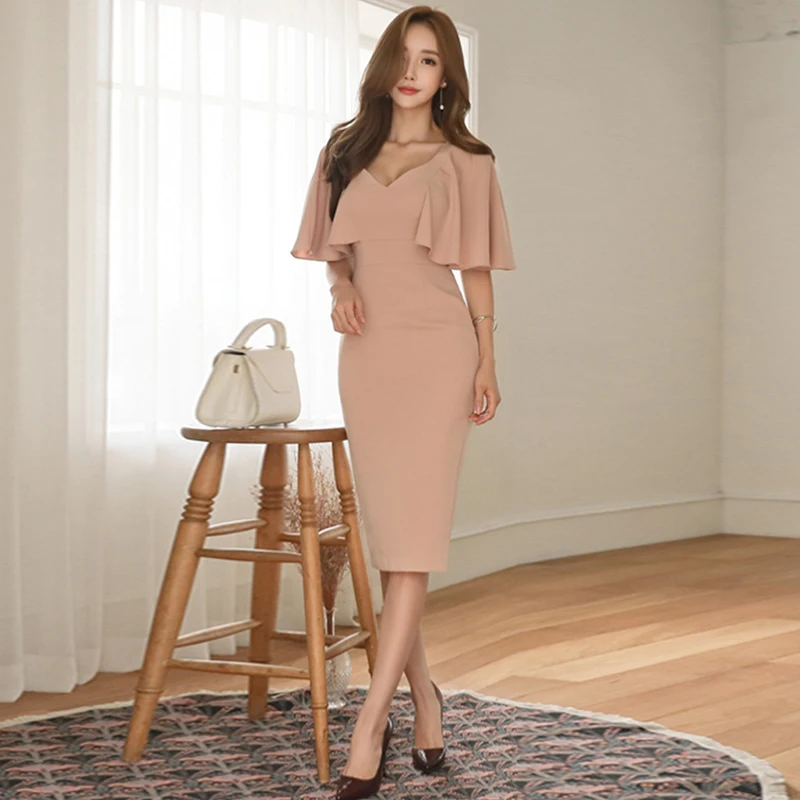 

Fashion elegant women comfortable summer sexy slim dress new arrival korean OL temperament party sweet cute pink pencil dress