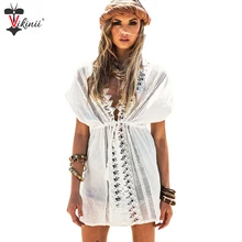 Белая юбка для плавания полый v-образный вырез кружева женская пляжная одежда v-образный вырез летнее платье пляжные платья бикини купальный костюм накидка халат plage