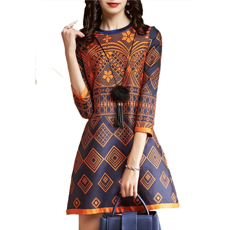 

Spring Autumn Women Dress 2018 New Fashion High Quality Long Sleeve Vintage Print Female Thin Dresses Office Lady Vestidos 1001