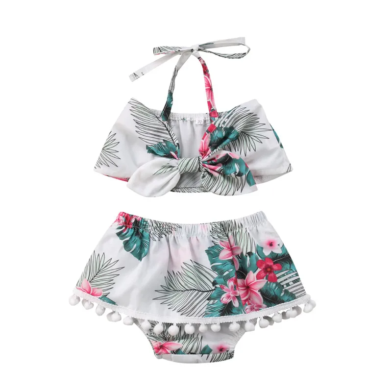 

New 2018 Baby Girl Summer Clothes Set Fashion Kids Girls Floral Printed Halter Bowknot Ties Tops+Tassel Pants Baby Girl 2Pcs Set