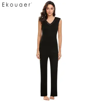 

Ekouaer Women Summer Spring Sleepwear Pajamas Stretchy Sleepwear V-Neck Sleeveless Slim Top Long Pants Pajamas Set Nightwear