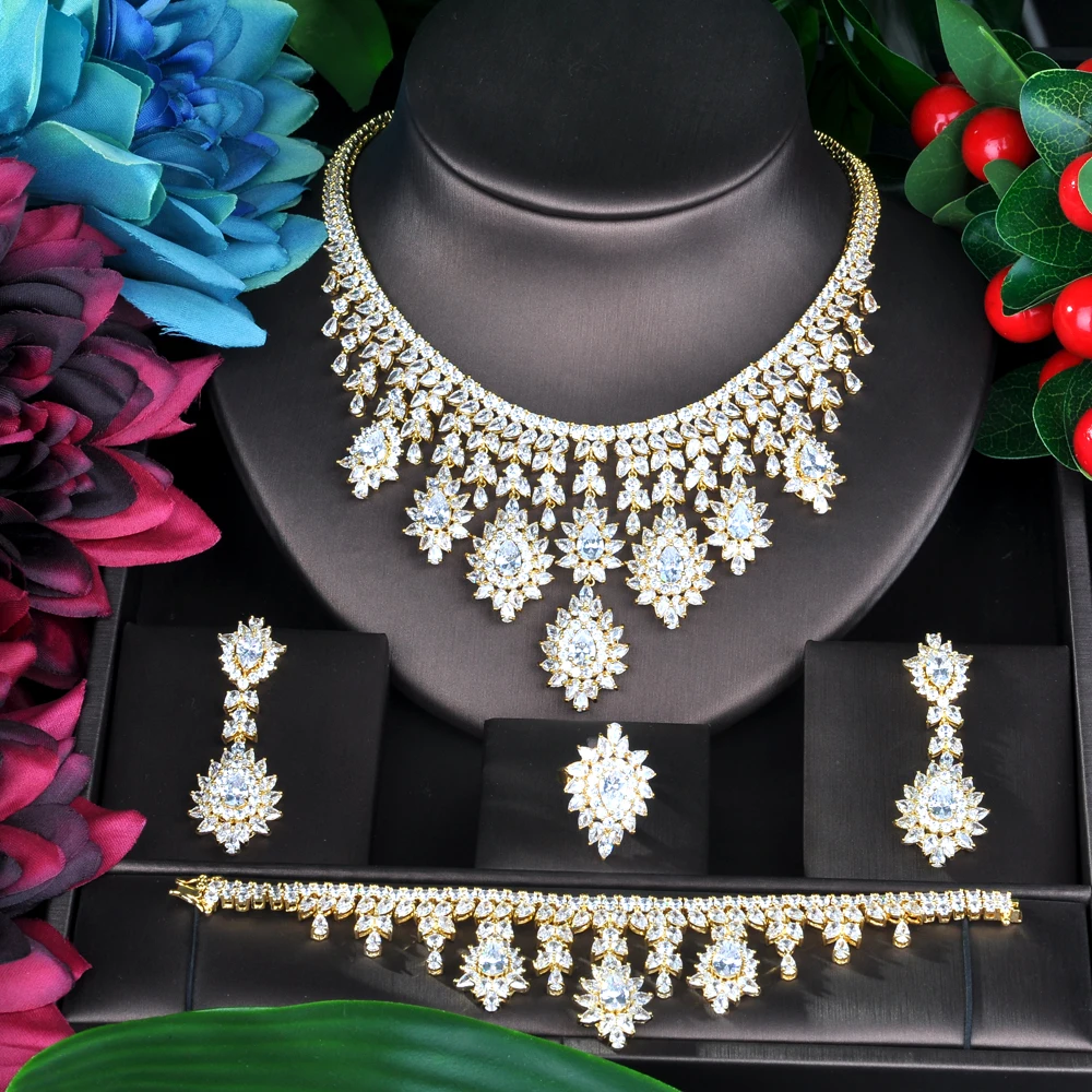 HIBRIDE Charm Gold Color AAA Cubic Zirconia Jewelry Sets for Women Bridal Wedding Sets 4 Pcs Earring Necklace Ring BraceletN-947 - Image 2