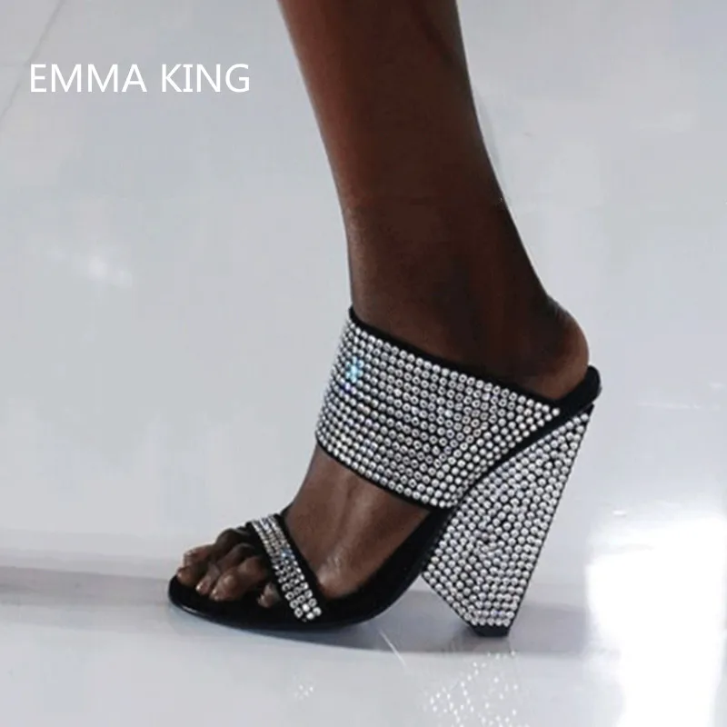 

Summer Glitter Bling Rhinestones Mules High Heels Shoes Woman Spike Heels Open Toe Sexy Slippers Causal Outside Fashion Sandals