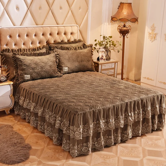 $US $79.91  3/5-Pieces 160X200cm Luxury Brown Blue Ruffel Lace Plush Bedskirt Warm Bedding Set Bed cover set Be