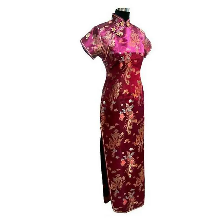 Бургундское винтажное китайское женское атласное длинное платье Ципао дракон феникс Размер s m l xl XXL J3092