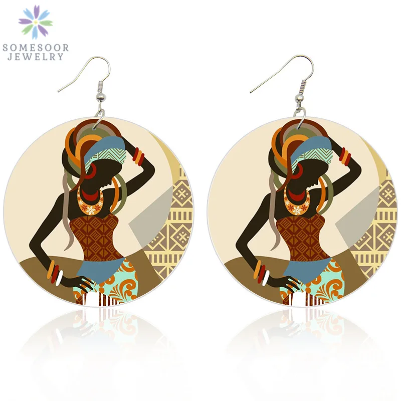 SOMESOOR Ретро тюрбан в африканском стиле женские деревянные висячие серьги афроцентричные этнические пользовательские с обеих сторон печать ювелирные изделия для женщин Подарки