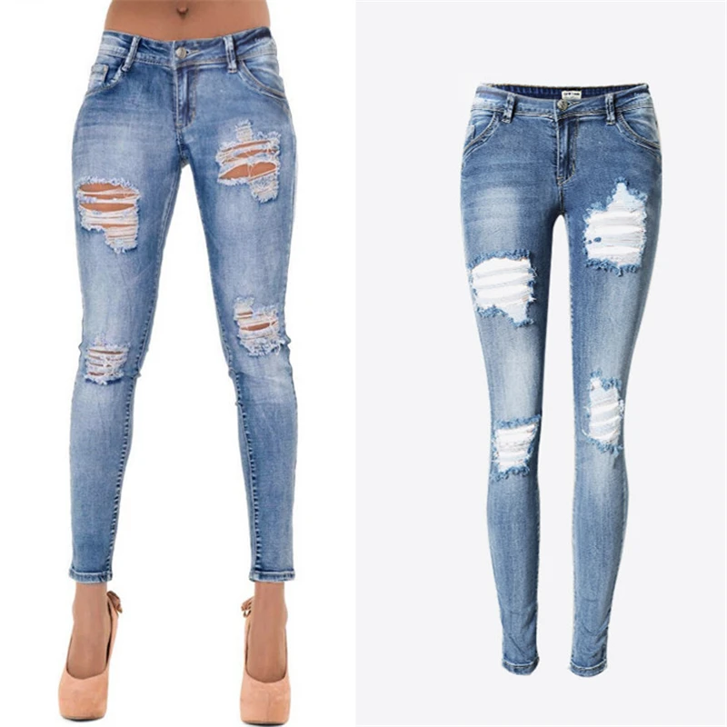 

2018 fashion Ultra Stretchy Blue low waist hole Jeans Woman Denim Pants Trousers For Women Pencil Skinny Jeans