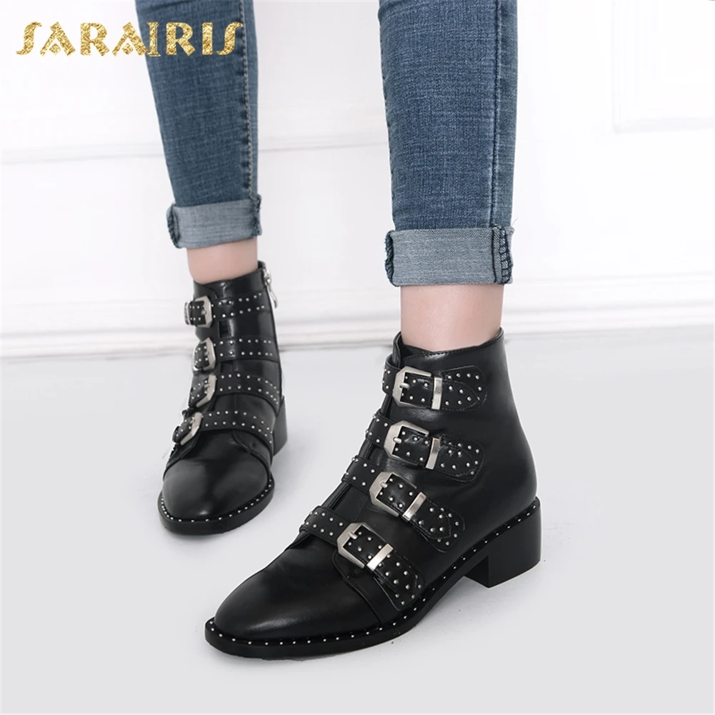 

SARAIRIS 2018 Cow Leather Large Size 33-42 Square Heels Rivet Ankle Boots Woman Shoes Elegant Autumn Boots Woman Shoes
