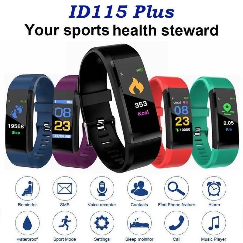 

ID 115 PLUS Sport healthy Fitness Bracelet Waterproof Smart Band Heart Rate Monitor IP67 Smartch Bluetooth Passometer Smart Band