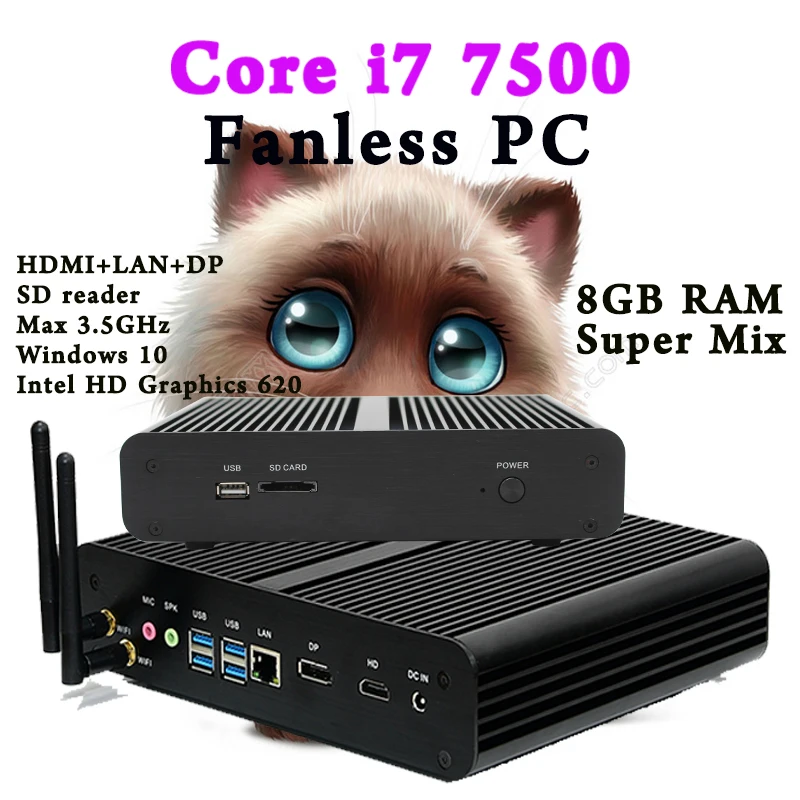7th Gen KabyLake i7 7500U Mini PC Windows10 Fanless Computer 16GB Ram 256GB SSD 1TB HDD