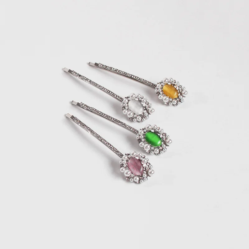 

Women Vintage Emerald Opal Crystal Pearls Elegant Hair Barrettes Wedding Birthday Gift Hairpins Chic Rhinestones Hair Clips