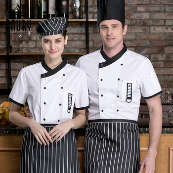 

2019 Chef Jacket Short Sleeves Restaurant Uniforms Patchwork Chef Shirt Food Service Kitchen Men Women Cook Work Clothes