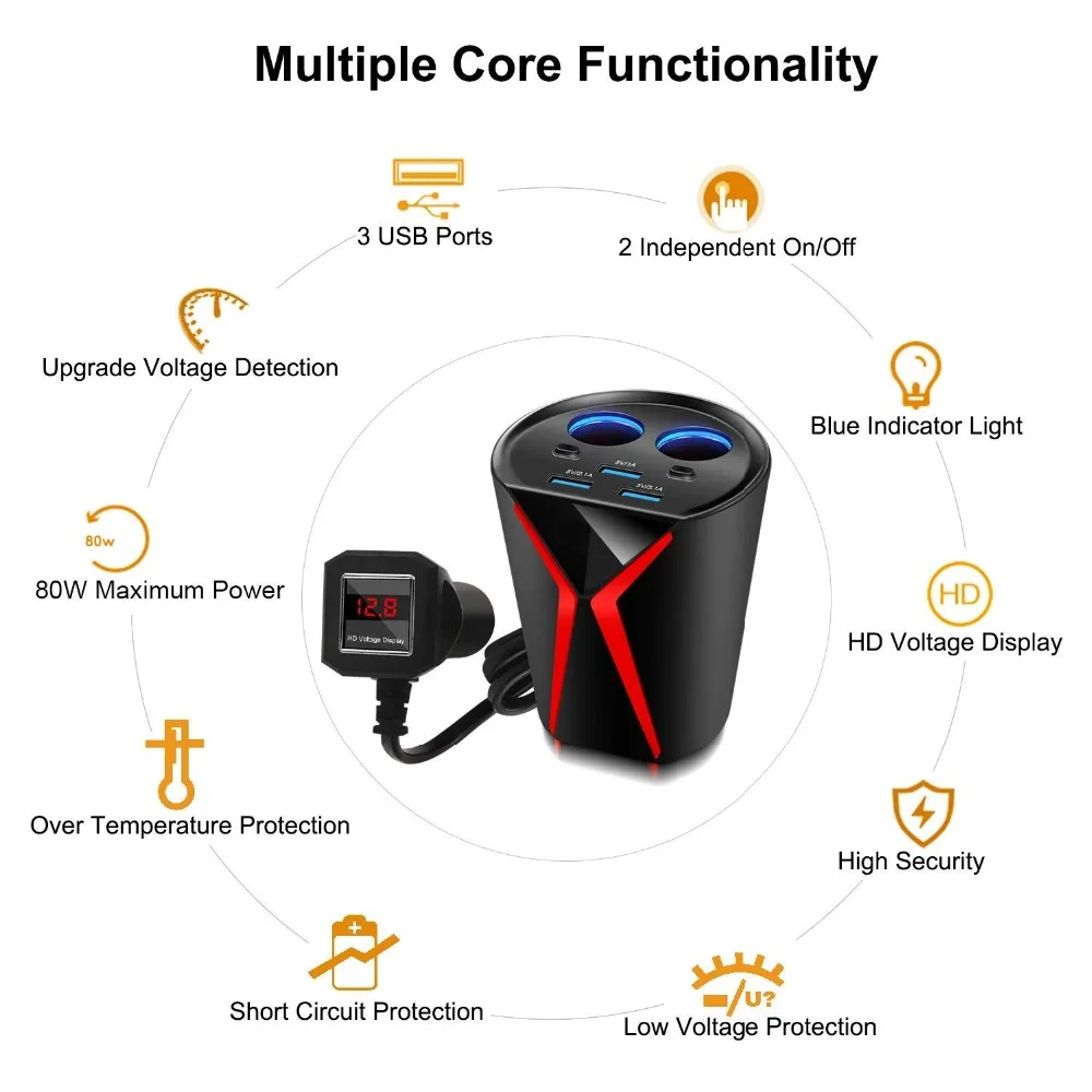Автомобильное Зарядное устройство 12 V-24 V с 3 портами(стандарт 3.1A розетка для автомобильного прикуривателя Разветвитель Мощность адаптер с светодиодный Дисплей для BMW Ford Mondes