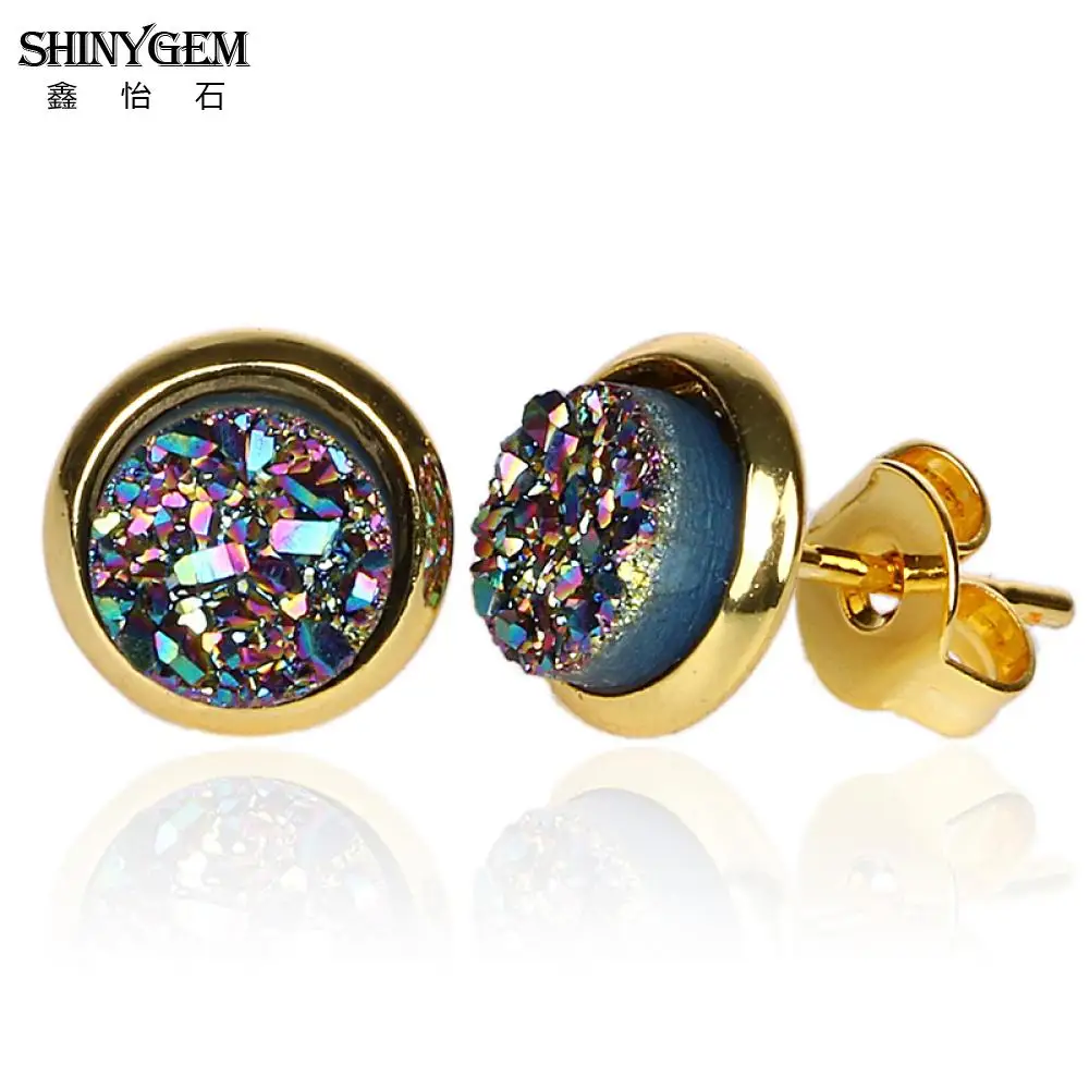 

ShinyGem 6mm/8mm/10mm/12mm Round Druzy Earrings Gold Plating Natural Stone Stud Earrings Cute Mineral Crystal Earrings For Women