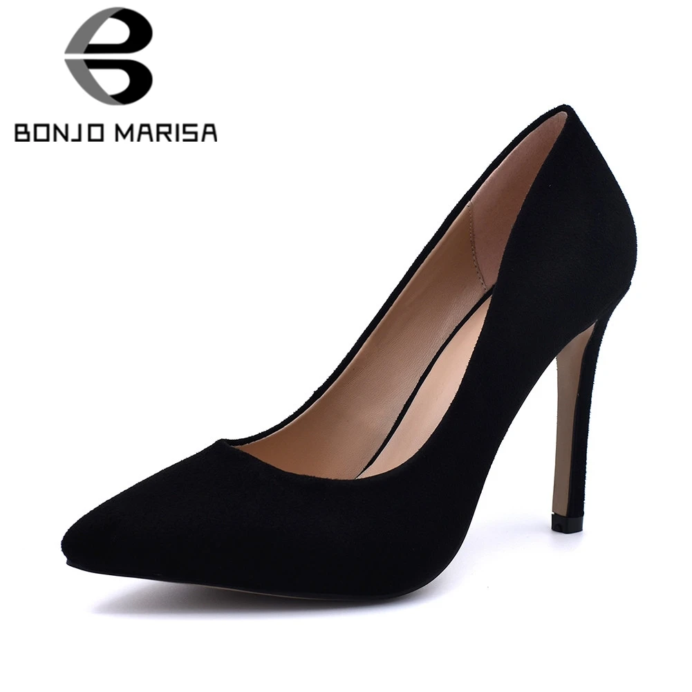 

BONJOMARISA New Solid Thin High Heels Flock Pointed Toe Shallow Shoes Woman Casual Sexy Spring Autumn Pumps 3 Colors