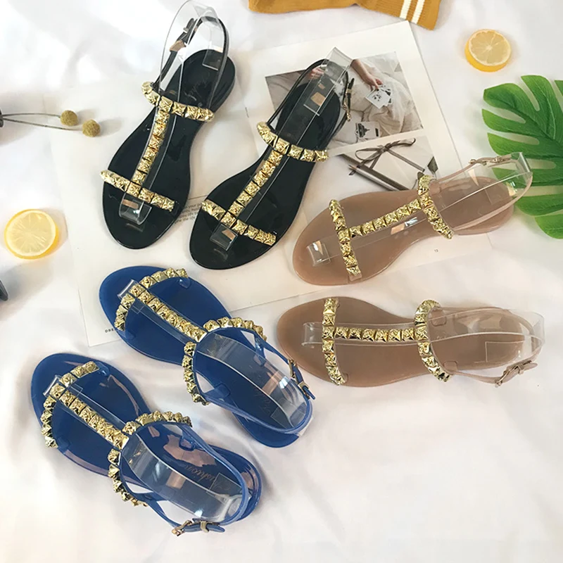 

Gold Rose big rivets t-strap gladiator sandals woman I-style studded buckle jelly sandals summer flat roman open toe beach shoes