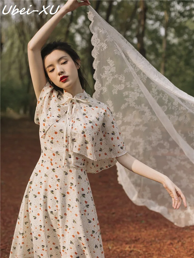 

Ubei 2019 Summer new cheongsam dress young girl vintage Chinese style print chiffon long dress with fashion cloak