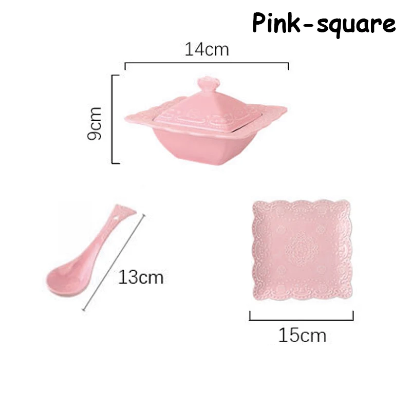 Керамическая миска для супа и поднос для еды, набор посуды, твердый контейнер для десерта, еды, Детские миски для супа, посуда и совок, полный набор - Цвет: Pink-square