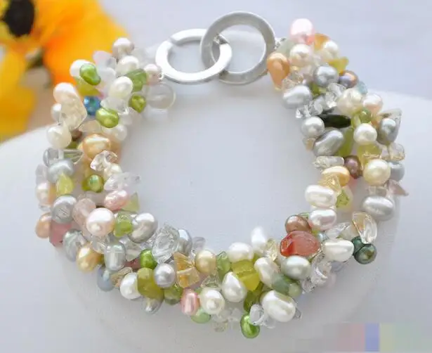 

FREE SHIPPING>>>@@ 3748 4row 8" multicolor rice pearl crystal detritus bracelet