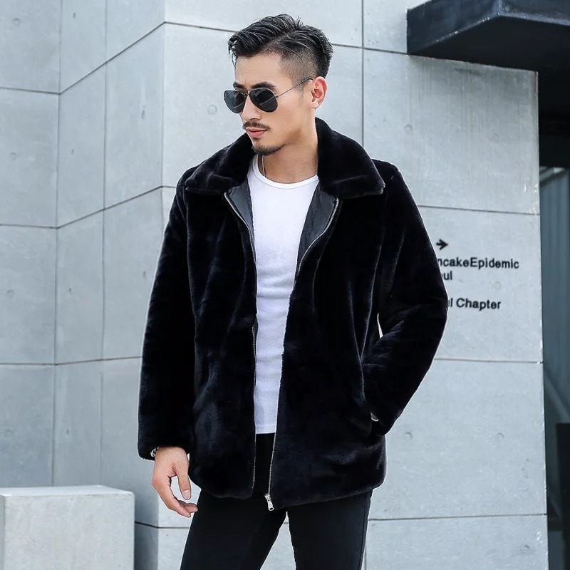 

2019 new fur coat imitation water Rex rabbit fur clothing men's large size casual plush jacket thick hooded HN150