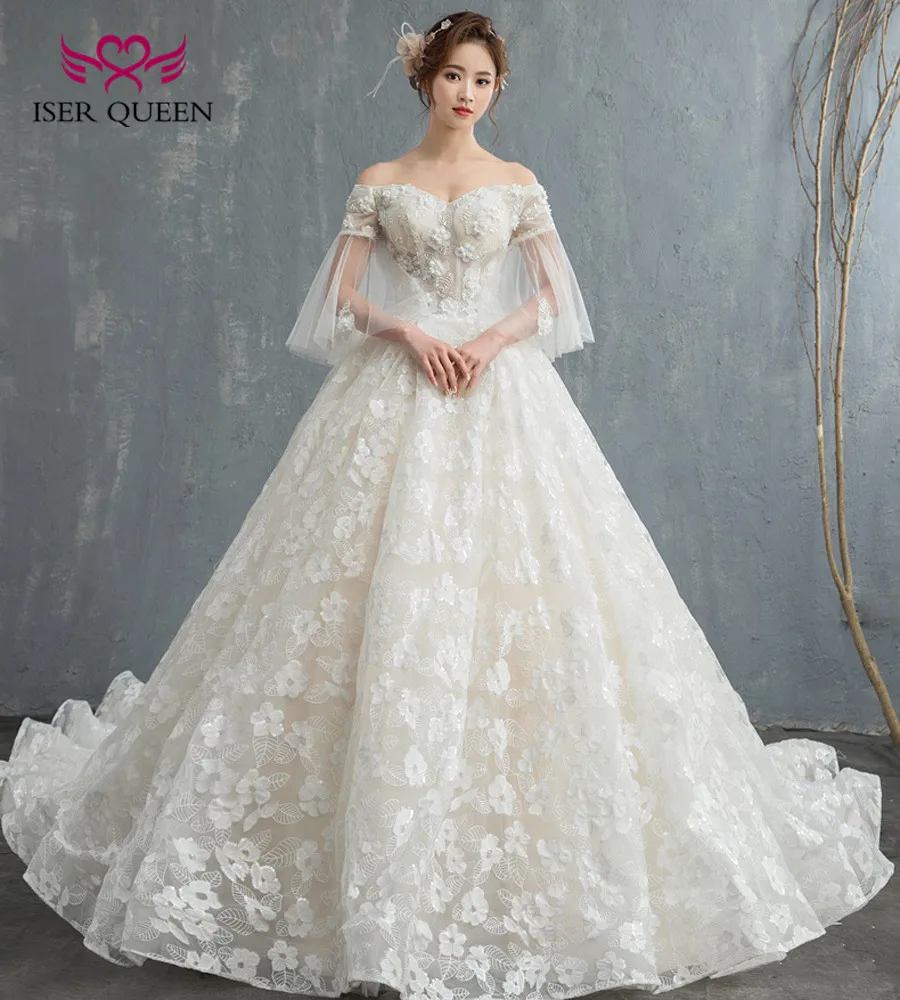 Романтические цветочные аппликации Королевский поезд принцесса свадебные платья бальное платье с коротким рукавом размера плюс Европа свадебное платье WX0122