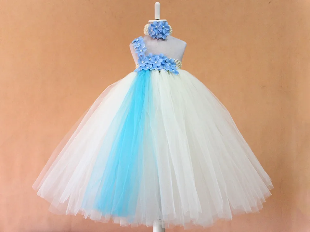 

New arrival fashion baby girls evening party dress blue white flower petal tutu dresses for girls with matched headband