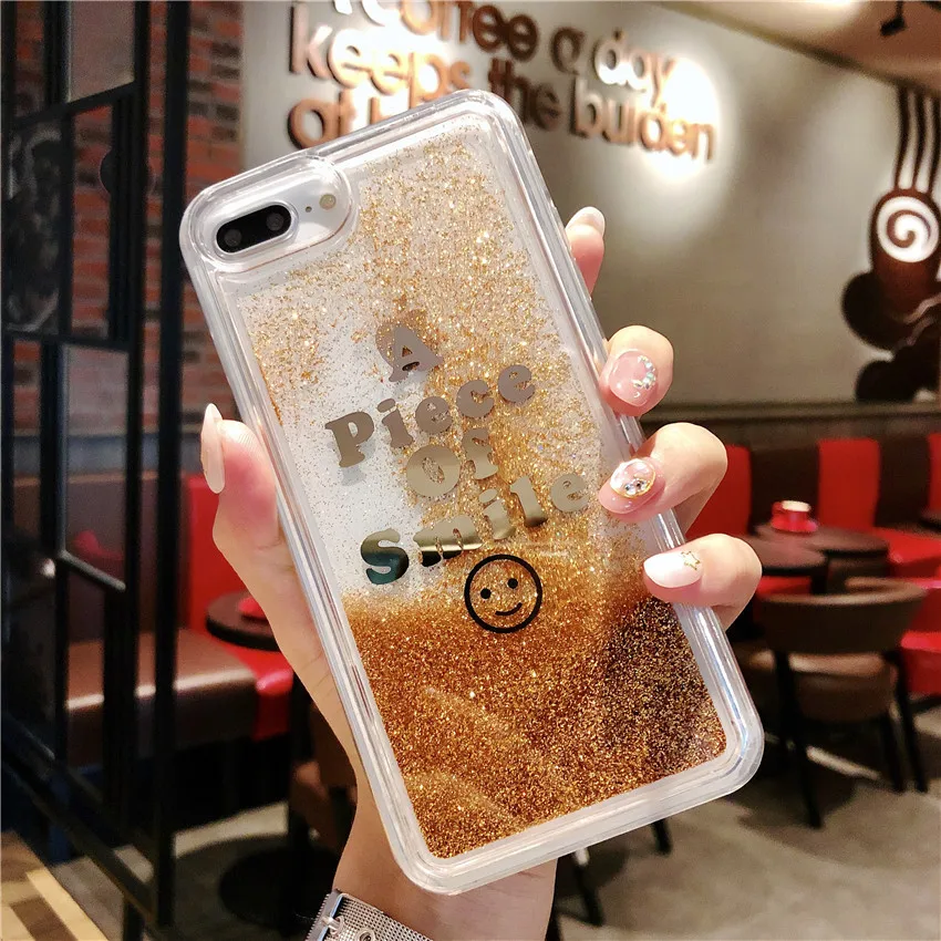 

Gimfun Gold Smile Face Liquid Case Glitter Quicksand Soft Tpu Case for Iphone 6 6s 7 8 Plus X Clear Letter Case Back Cover