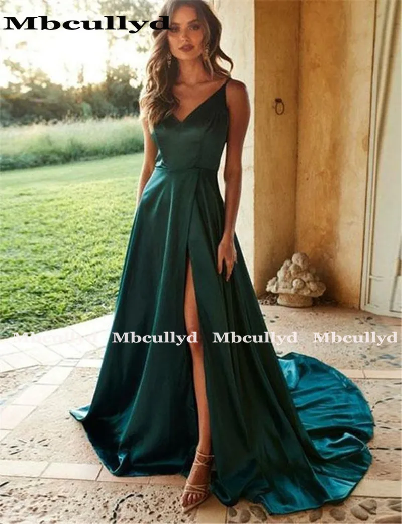 Mbcully V Neck Dark Green Prom Dresses 2020 Elegant Satin Cheap Under 100 Long Evening Dress Party For Women Sexy Split Dress - Prom Dresses -