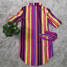 Women Casual Blouse Color Strips half Sleeve Work Shirts Ladies Slim Elegant Tops Striped tshirt with waist belt