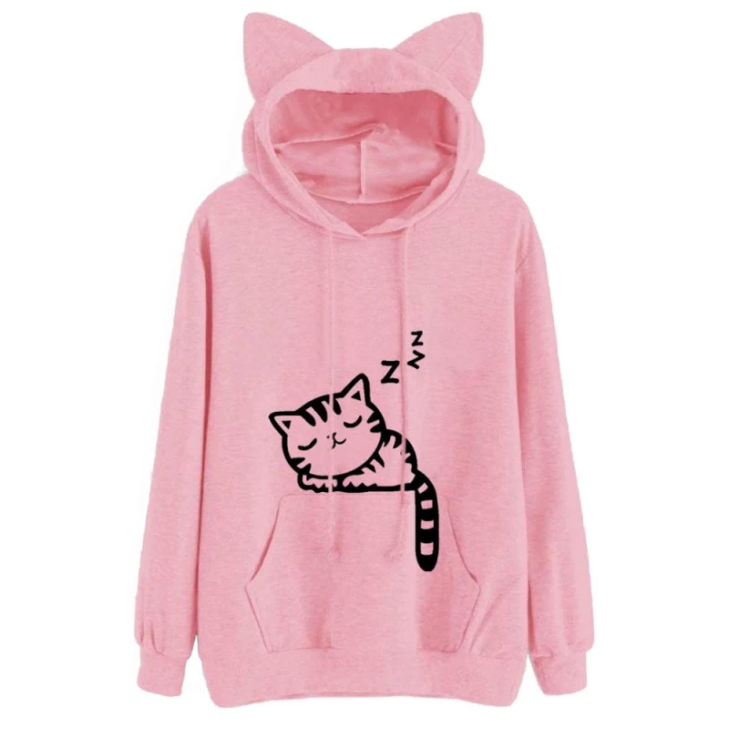  Harajuku Women Kawaii Cat Ear Hoodies Tops Cute Cartoon Sleeping Cat Printed Hooded Sweatshirt Fema