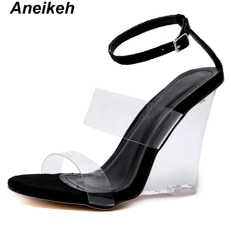 

Aneikeh 2109 New Fashion PVC Sandals Transparent Wedges Round Toe High Heels Shoe Buckle Shallow Dance Casual Pumps Size 35-40